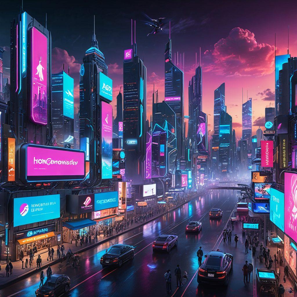 A futuristic landscape with a glowing digital city skyline, featuring people actively using diverse modern technology like tablets, VR headsets, and holograms. Include elements representing essential digital tools such as cloud storage and app icons floating around. The atmosphere should feel dynamic and innovative, with bright neon colors illuminating the scene. super-realistic. vibrant colors. cyberpunk.