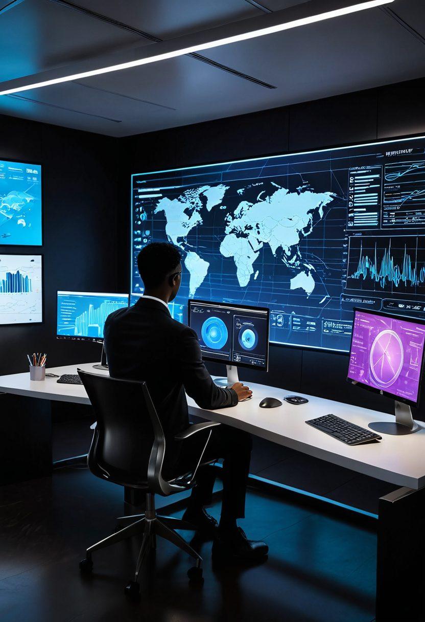 A sleek futuristic office environment with a person (diverse ethnicity) interacting with holographic displays showing graphs, tech trends, and digital tools. Surrounding elements include gadgets and bright screens showcasing the latest in technology. Vibrant light effects to suggest innovation and agility. super-realistic. vibrant colors.