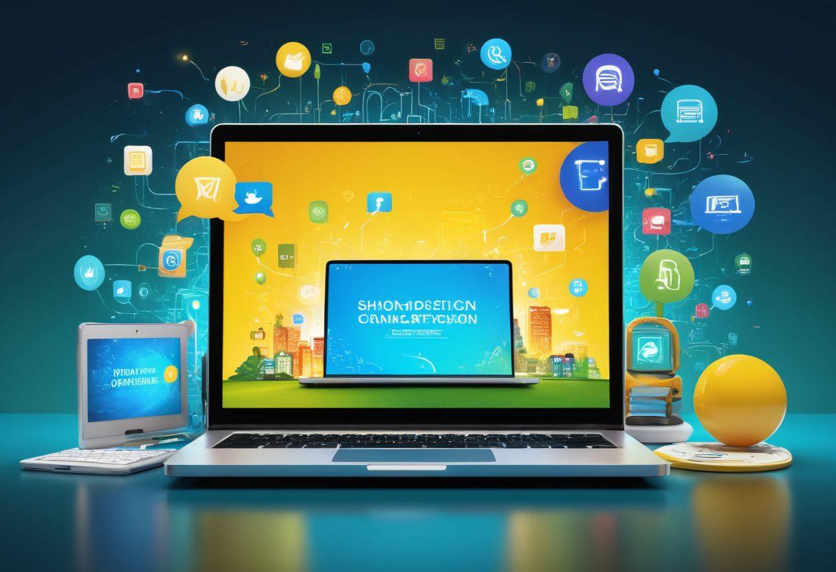 A dynamic digital landscape featuring a diverse group of people engaging with various apps on their devices, surrounded by vibrant icons representing productivity, communication, and education. Include elements like a glowing laptop, smartphones, and floating resource icons to symbolize online success. Bright and energetic colors to evoke a sense of empowerment. modern illustration style. vibrant colors. 3D elements.